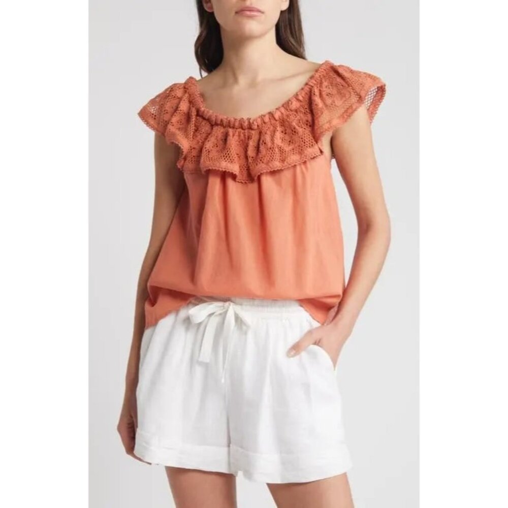 CLEOBELLA  Paulina Lace Ruffle Apricot brandy Cotton Top size M